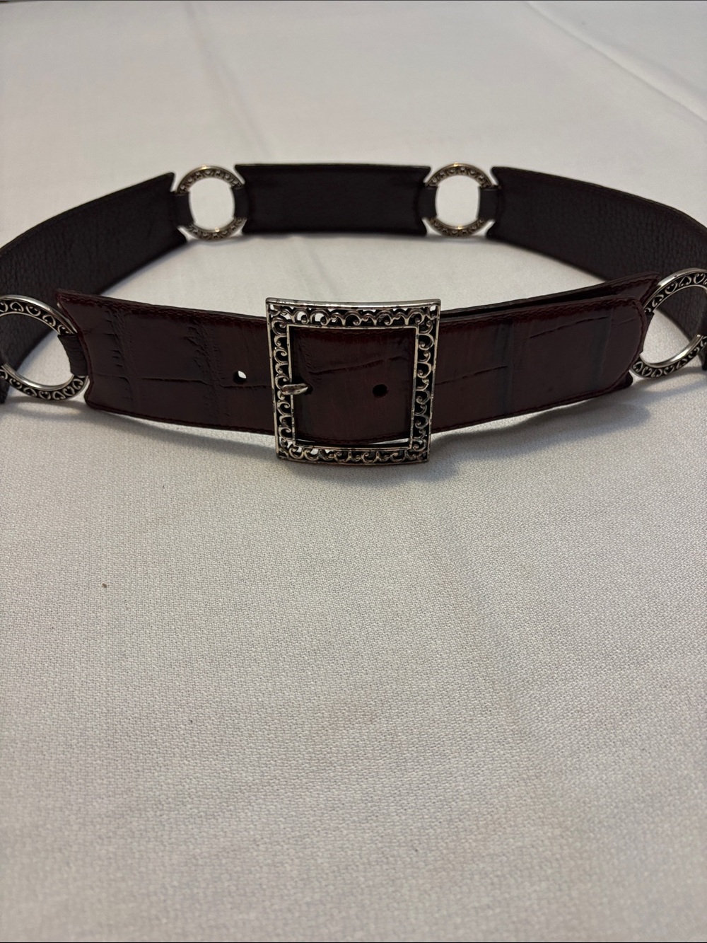 Women’s Brown Croc-Texture Belt with Decorative Silver Buckle
